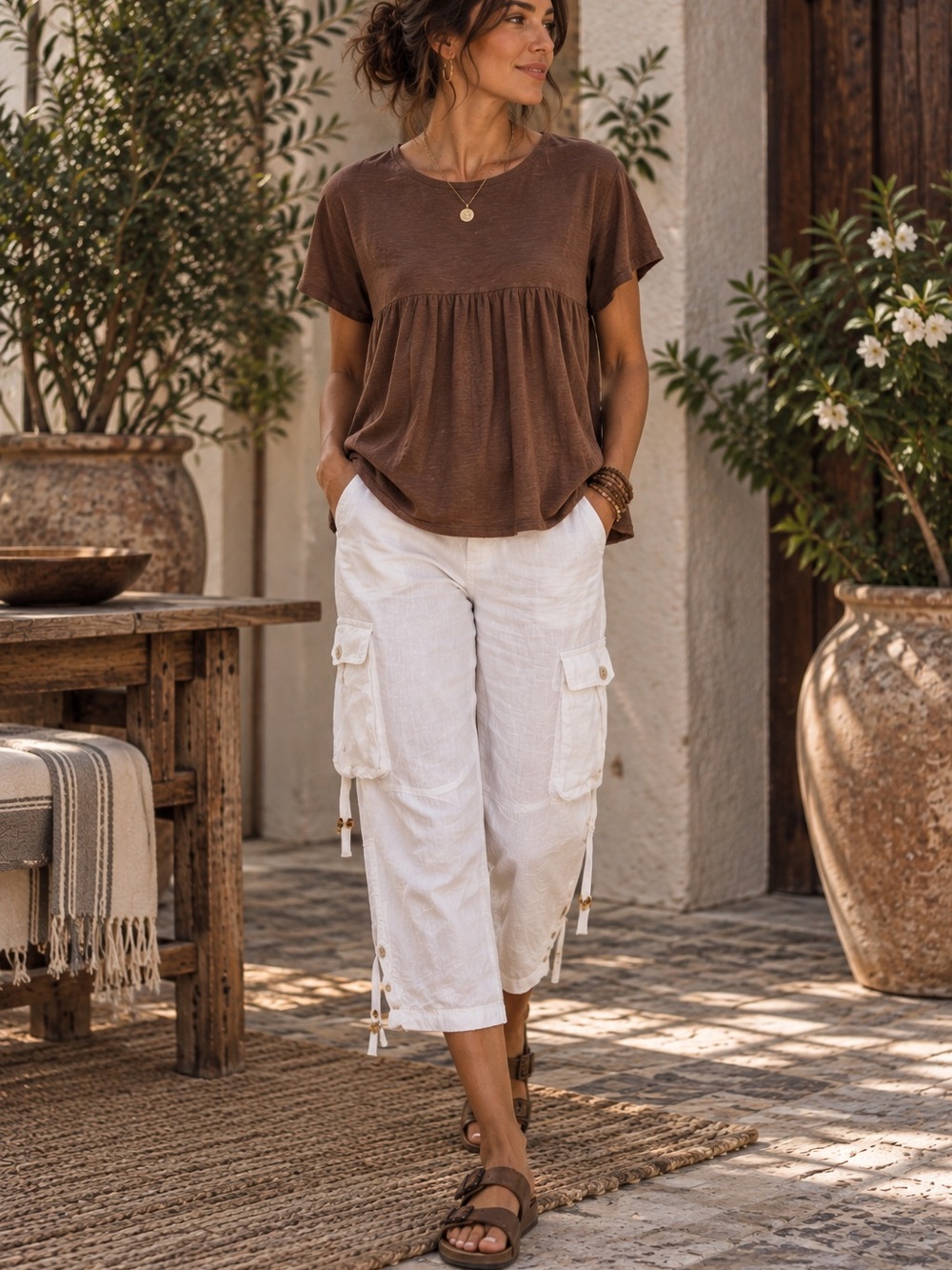 🌤️MAKE OFFER🌤️ Sundance White Cargo Linen Blend Capri Pants Pockets Size 8